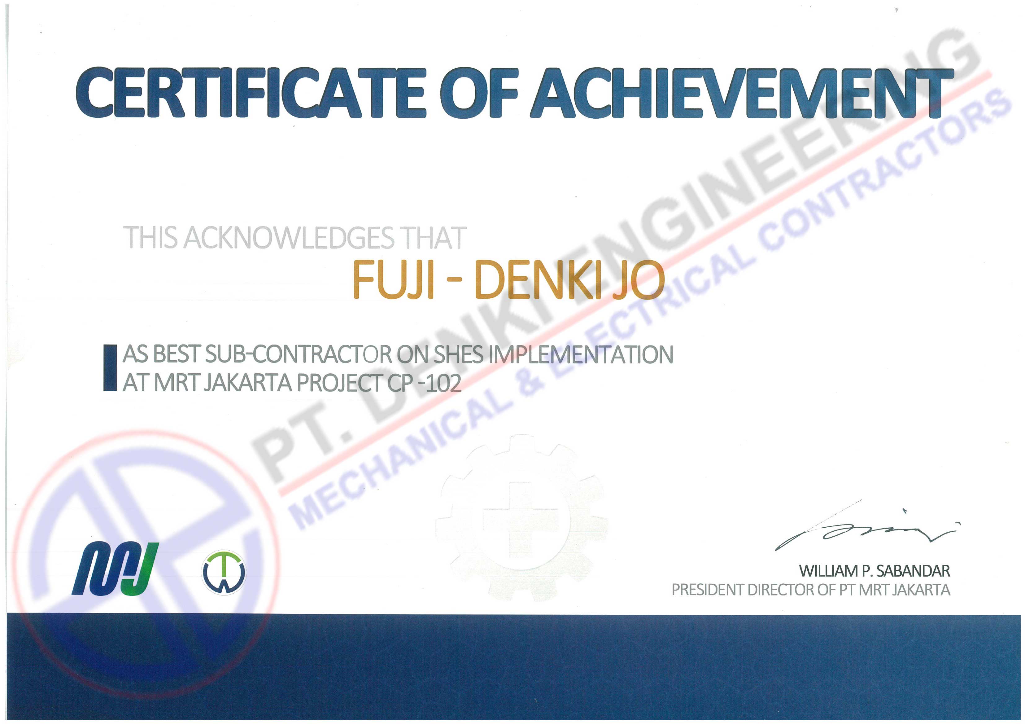 Certificate of Safety Achievement MRTJ-CP